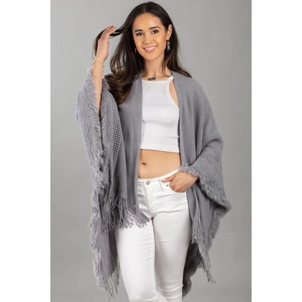 New $109 Saachi Tara Fringed Shawl Wrap Pom Pom Duster  One Size Gray